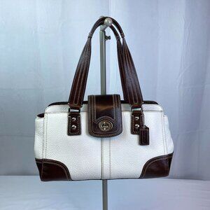 Coach Leather Turnlock Satchel Brown Cream - F13961 🤍 Janice